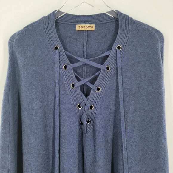 Tera Bora Poncho One Size Blue Soft Knit Gromet Criss Cross Neck Beaded Tassels - Picture 4 of 8